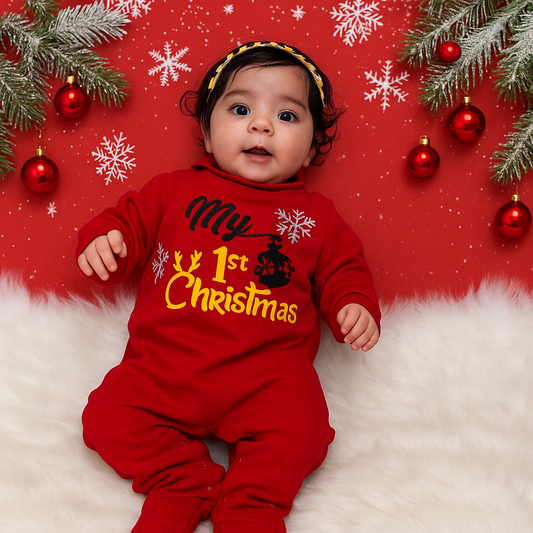 Baby in a red 'My 1st Christmas' outfit surrounded by Christmas decorations on a red background