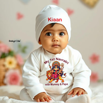 "Custom name My 1st Navratri  Organic jumpsuit set  for your little one."
