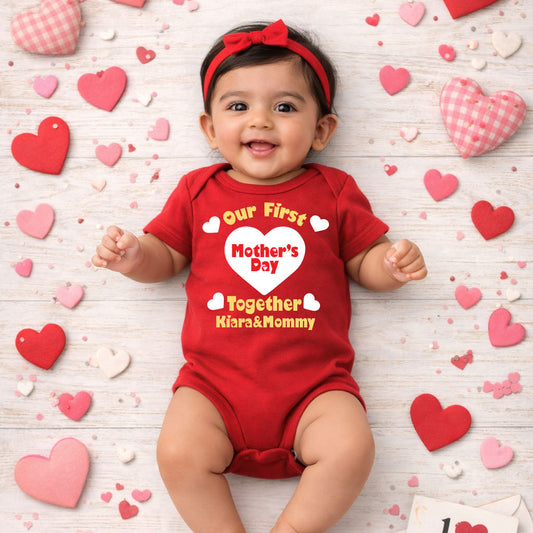 Baby in a red onesie with 'Our First Mother's Day Together Nana & Mommy' text, surrounded by heart decorations on a light wooden floor.