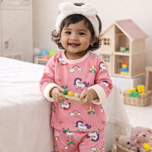 Child wearing pink pajamas with unicorn and car patterns, holding wooden toys in a room with toys and a dollhouse.