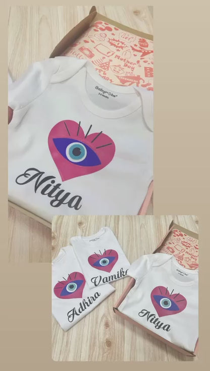 "evil eye design, colorful design and easy snap closures, fun print and personalized text"
