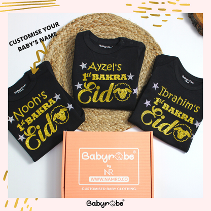 "Personalized baby onesie for 1st Bakra Eid with custom name."