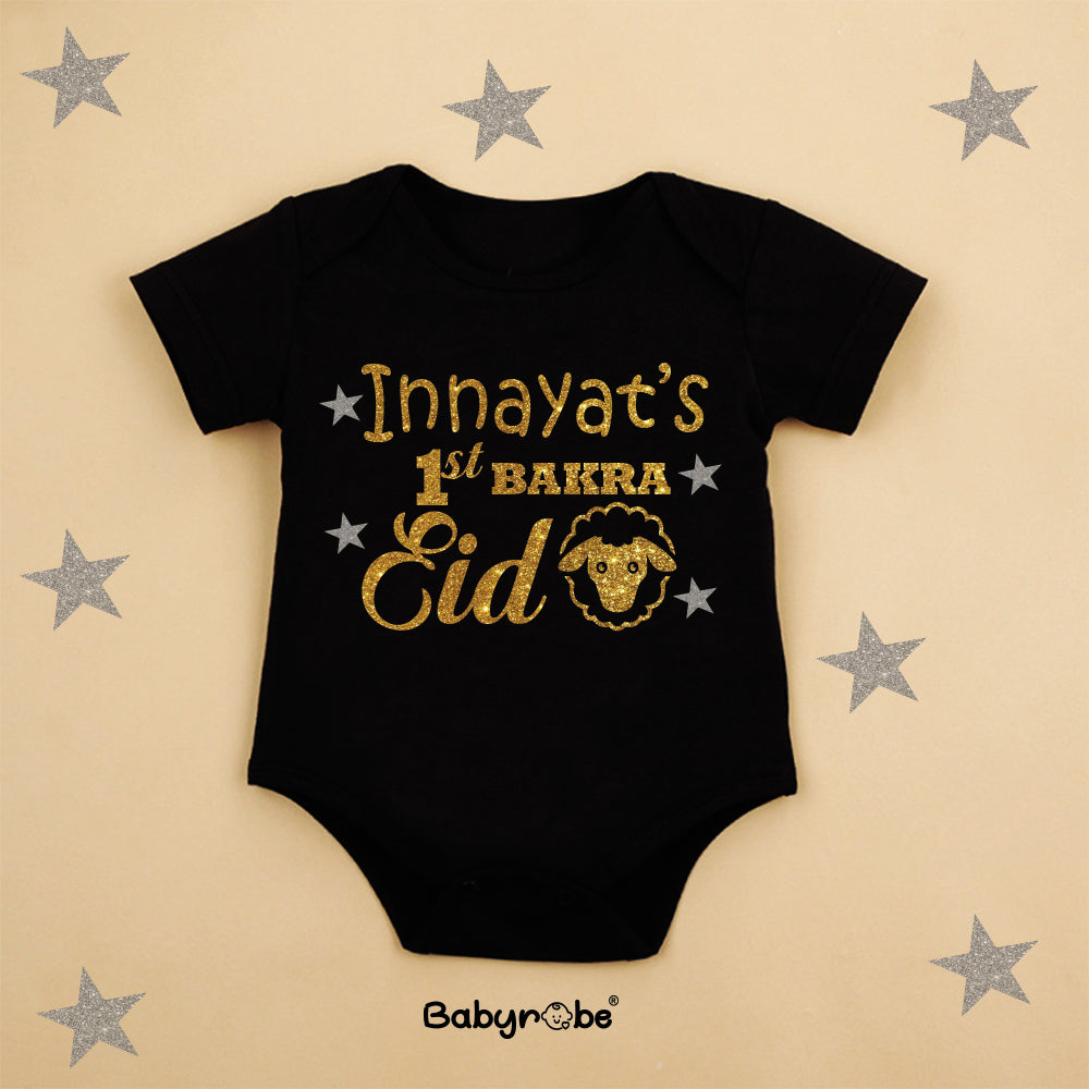 "Baby onesie with personalized name for a special 1st Bakra Eid ."
