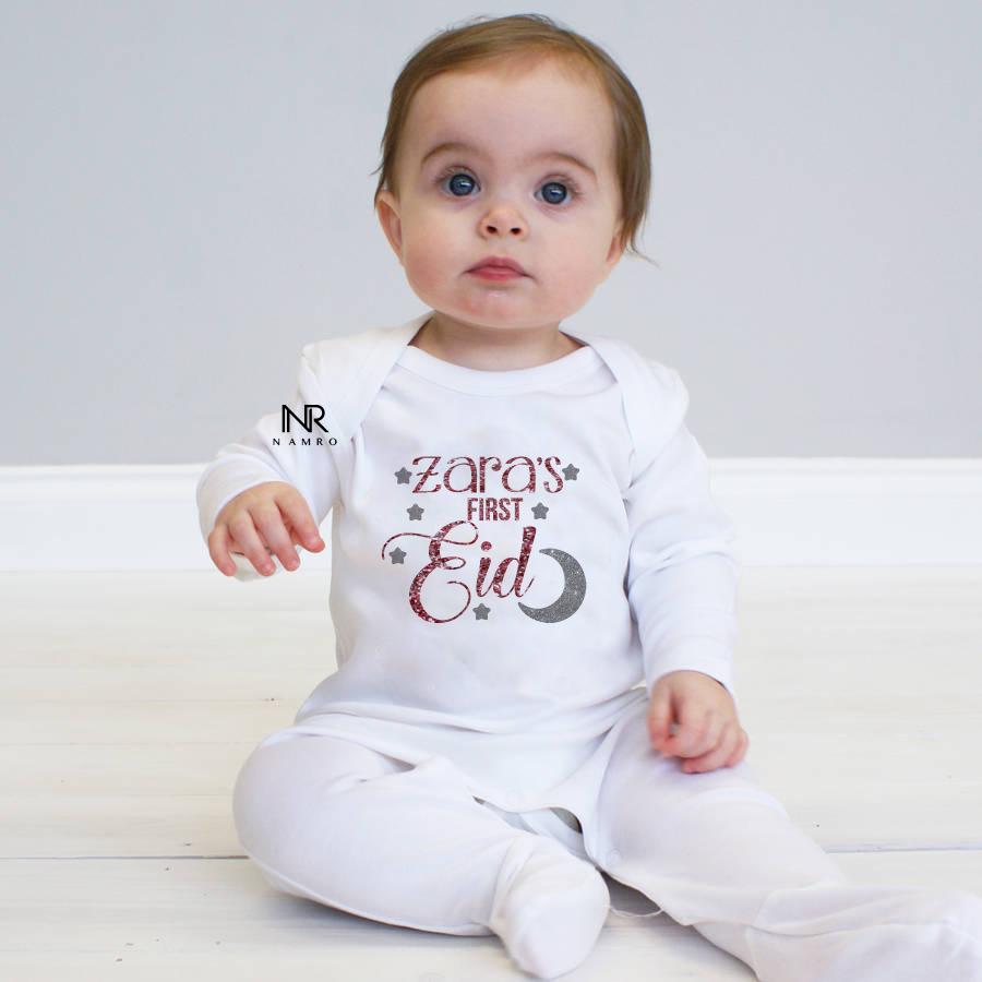 "Cute custom name baby Organic jumpsuit for first Eid."