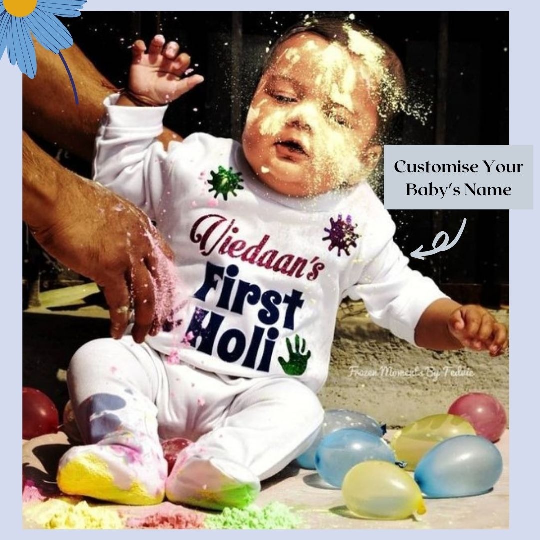 
"Custom name First Holi jumpsuit for your little one."