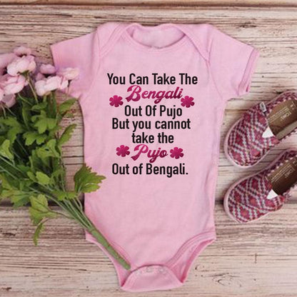 "Custom baby onesie with name and special Durga Puja design."