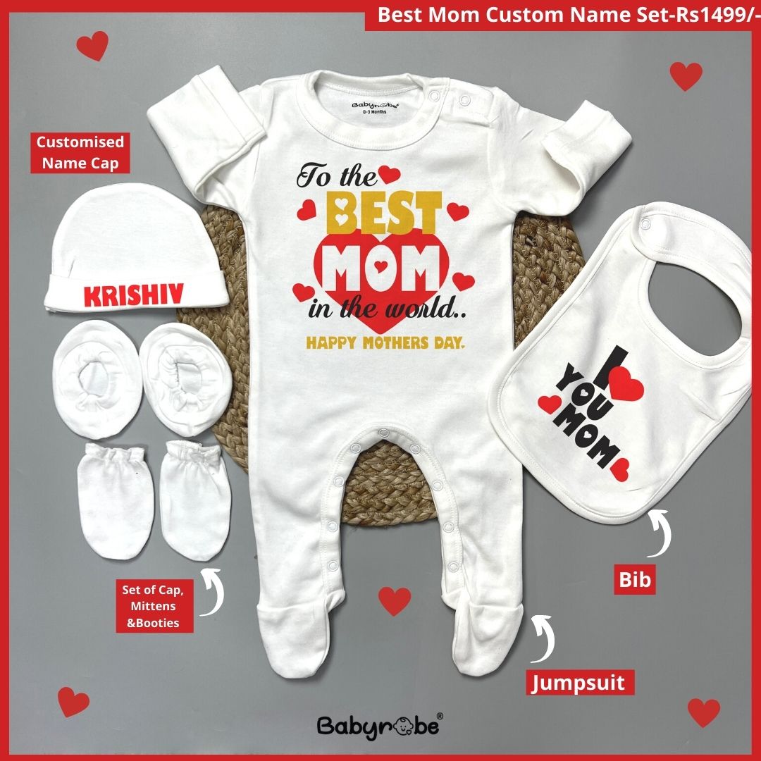 Cute custom name baby jumpsuit set for first Mother's Day."