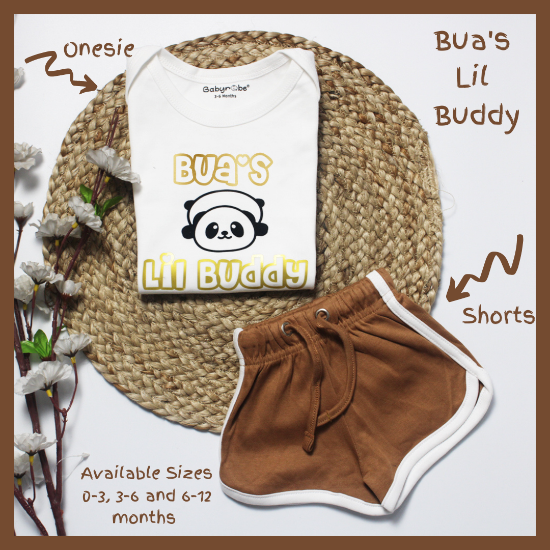 "Baby onesie & Shorts with personalized name for a  design Bua's Lil Buddy."
