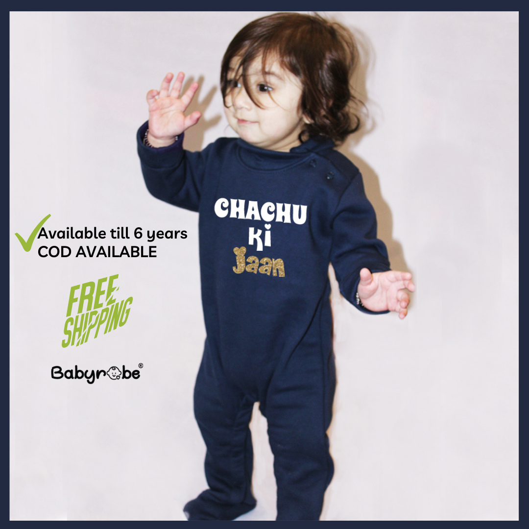 "Custom name Chachu ki Jaan Weellon jumpsuit for your little one."
