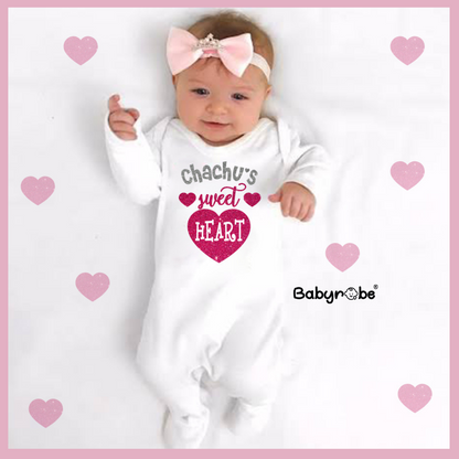 "Baby organic jumpsuit with personalized name for a special Chachu's Sweet Heart."
