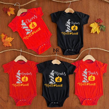 "Celebrate 1st Halloween with a Custom Name baby onesie."
