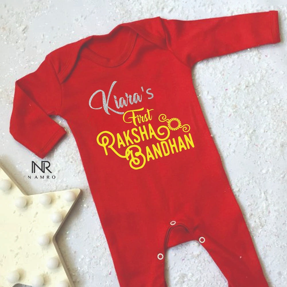 " custom name baby Organic jumpsuit for first  Rakhi."
