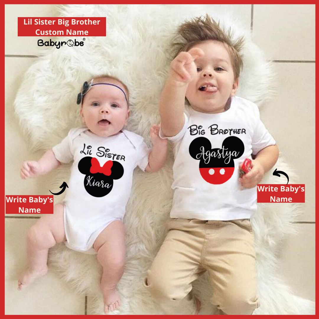 "Personalized onesie & T-Shirt set for baby, perfect for Lil Sister & Big Brother combo set ."