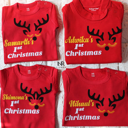 "Soft and comfortable baby jumpsuit with custom name and First Christmas."