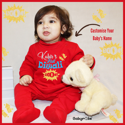"Cute custom name baby Weellon jumpsuit for first Diwali."