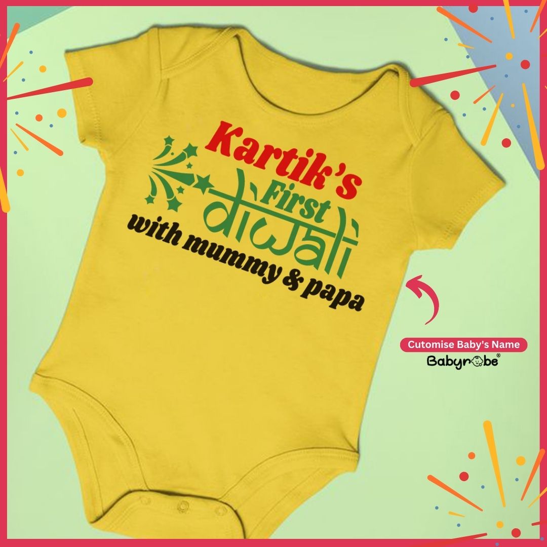 "Celebrate Diwali Day with a personalized baby onesie."