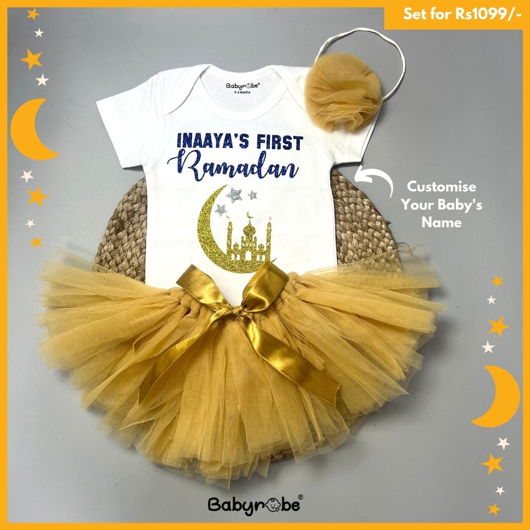 "Personalized baby onesie & Skrit set  for eid ."