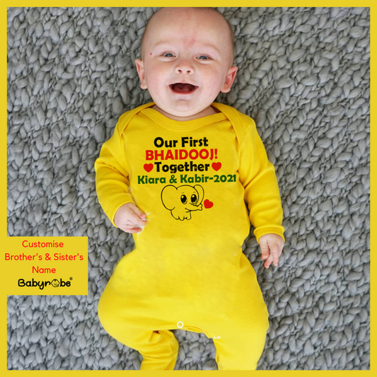 "Custom name Our First Bhaidooj  jumpsuit for your little one."
