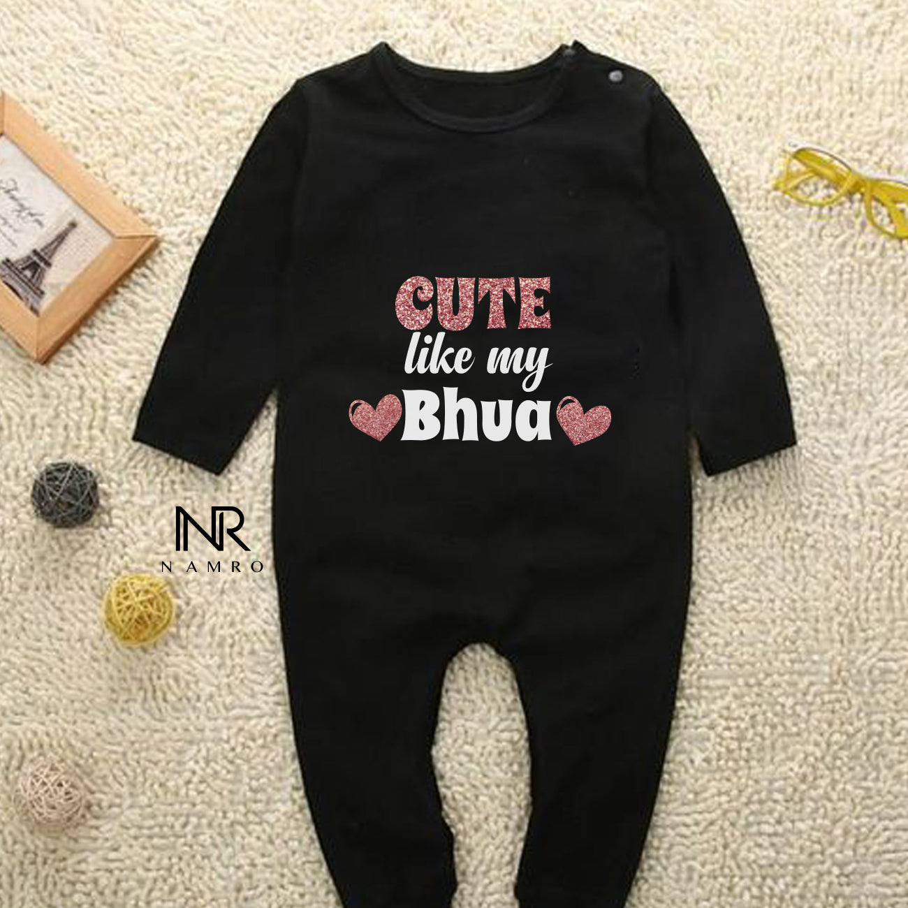 "Personalized baby jumpsuit with custom name and playful design Cute like my Bhua."