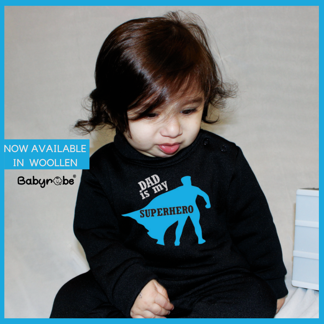 "Cute custom name baby Woollen jumpsuit for Dad is my Superhero."

