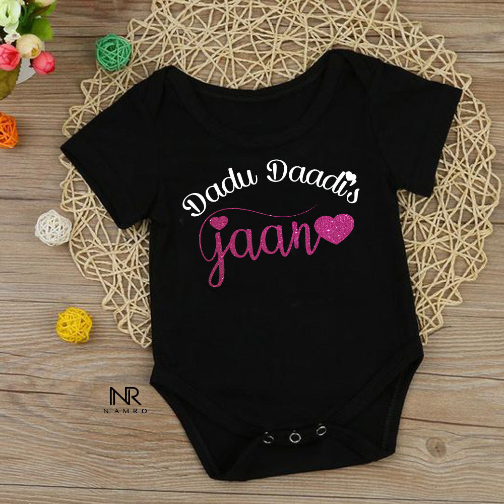 " Adorable, high-quality baby onesie with personalized text."