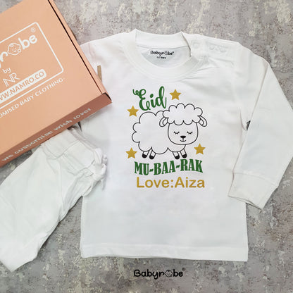 "Celebrate Eid Mu-Baa-Rak with a personalized baby T-Shirts & Pajama set."