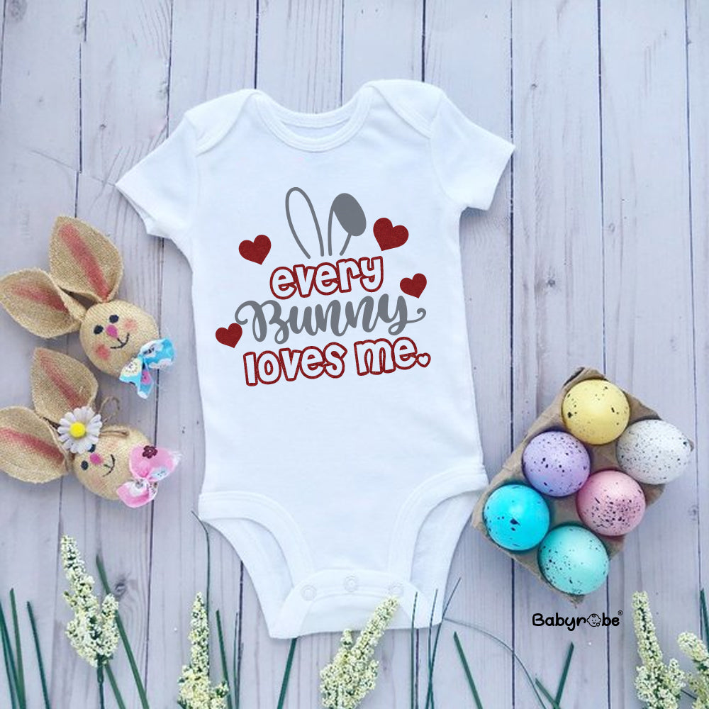 "Baby onesie with personalized name , for a special Every Bunny Loves Me, custom message and colorful design"
