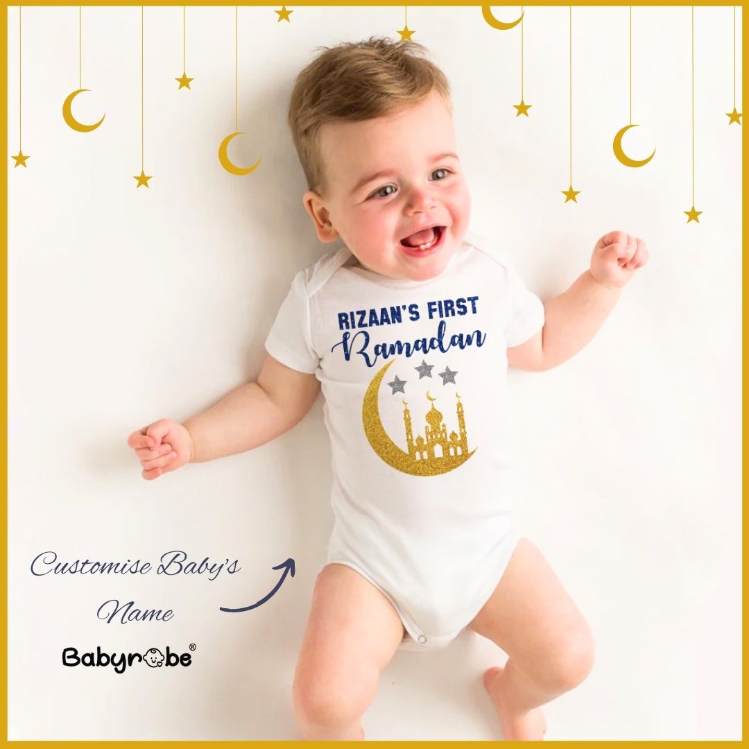 "Personalized onesie for baby, perfect for First Ramadan."
