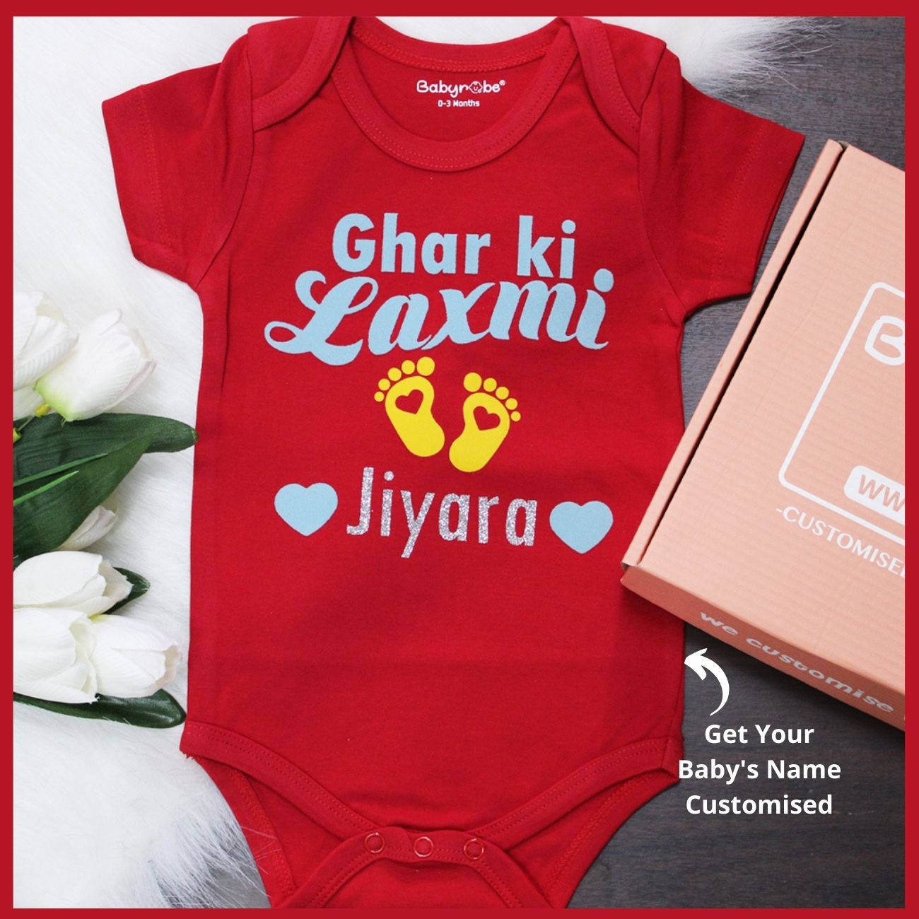 "Celebrate Ghar ki Laxmi with a personalized baby onesie."