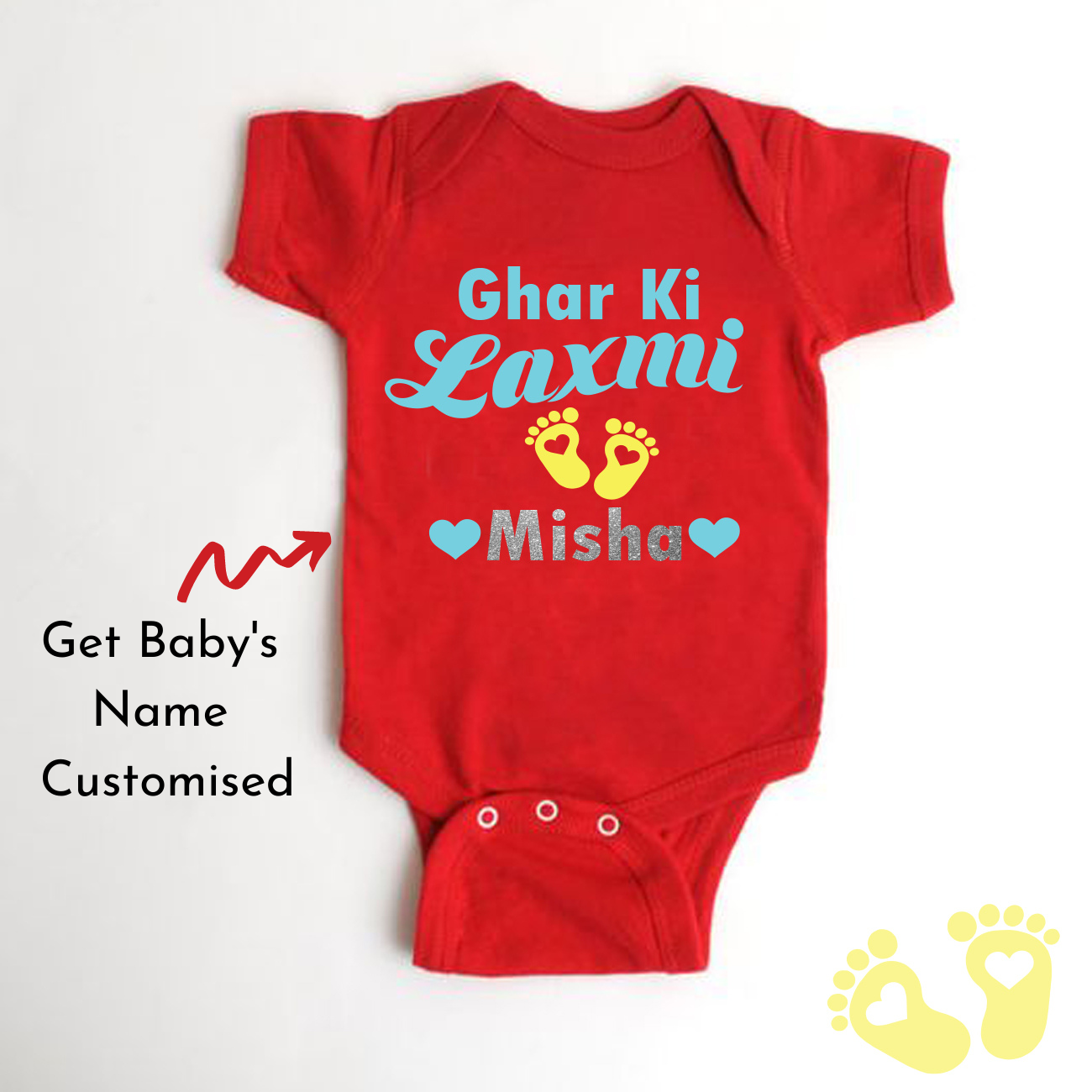 "Personalized baby onesie for Ghar ki laxmi  with custom name."
