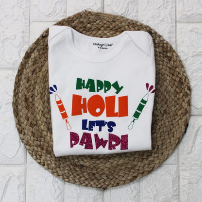 "Celebrate Happy Holi Let's Pawri with a personalized baby onesie."