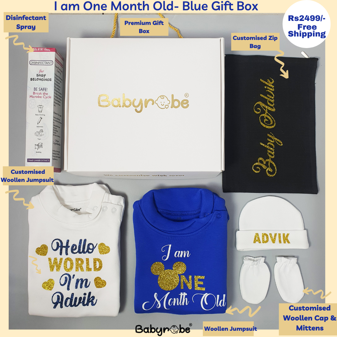 I am One Month Old (Blue Gift Box Woollen)