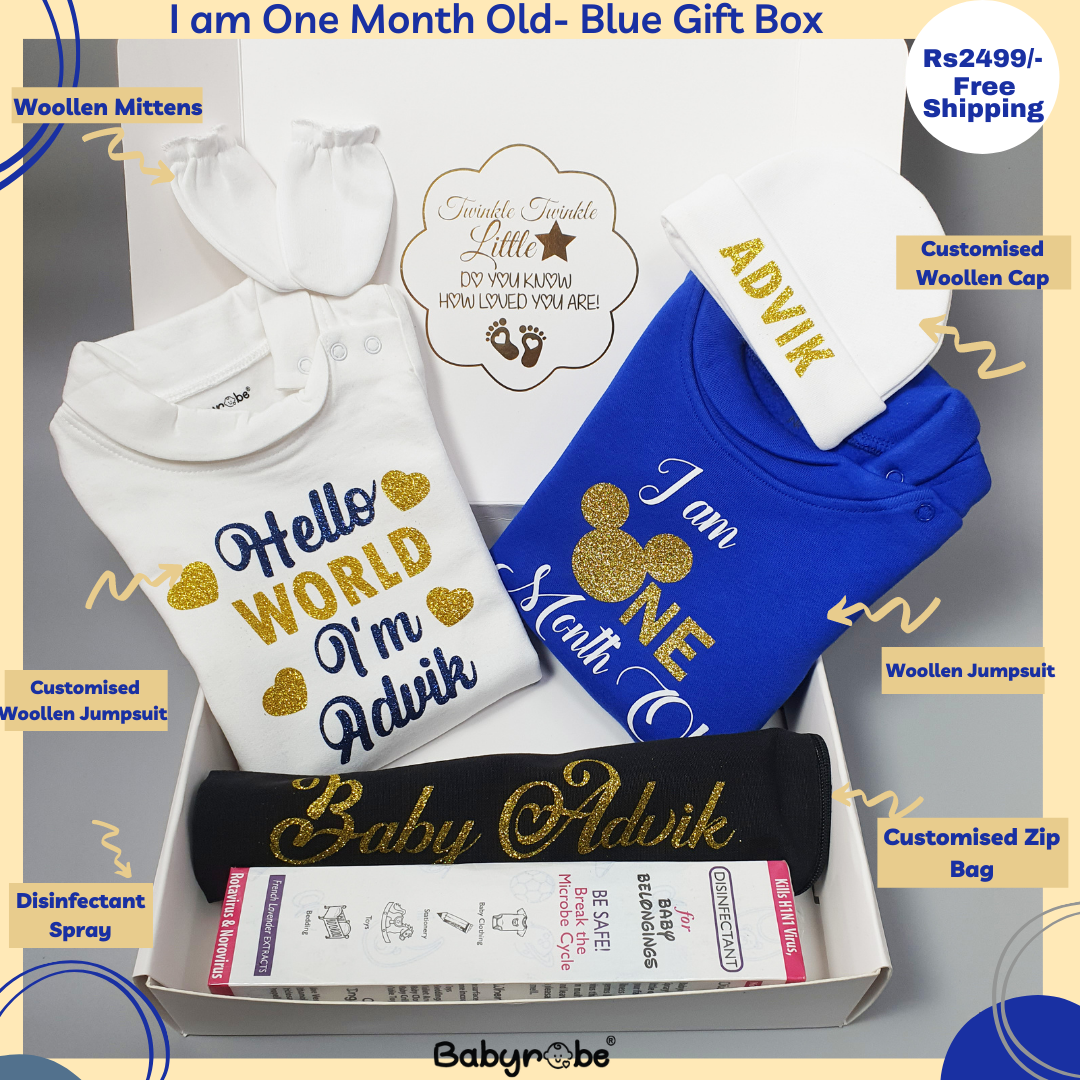 I am One Month Old (Blue Gift Box Woollen)
