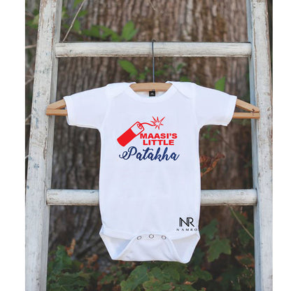 Maasi little patakha "Soft, cozy onesie customized with your baby’s name."
Personalized newborn onesie.


