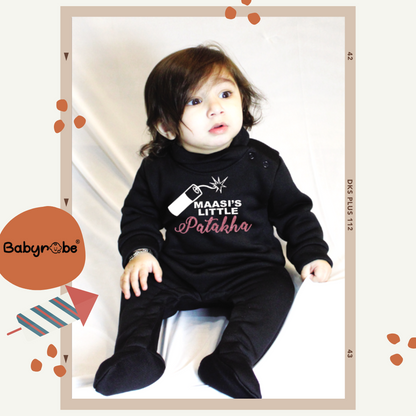 "Soft and comfortable baby woollen jumpsuit with custom name."Maasi patakha design .