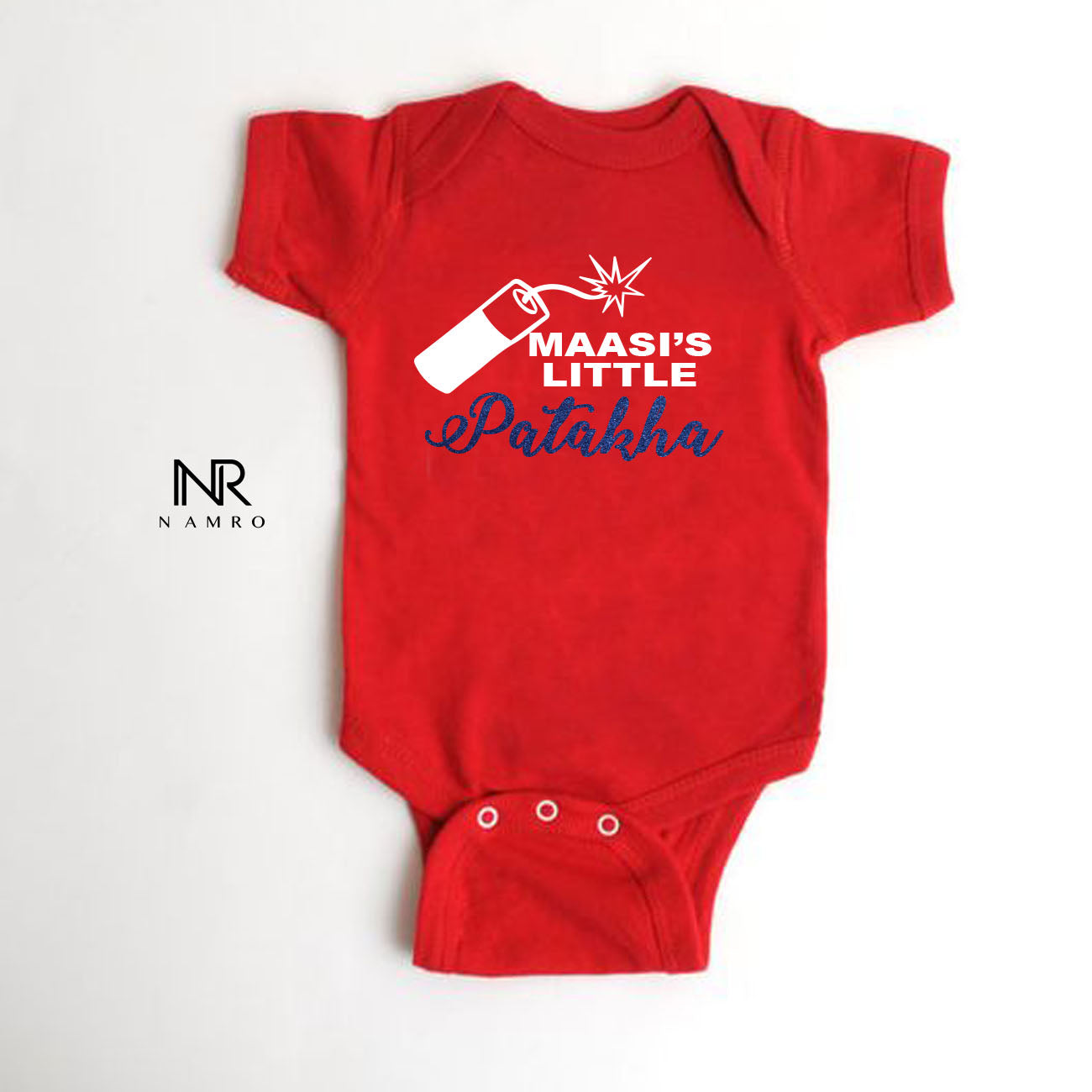 "Baby onesie with personalized name for a special Maasi."Baby onesie with maasi patakha print.