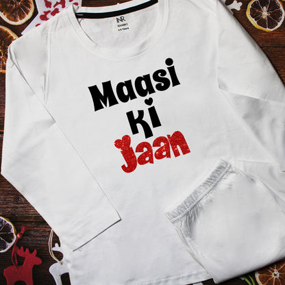 "Baby T-shirt & Pajama set  with personalized name for a special Maasi Ki Jaan."
