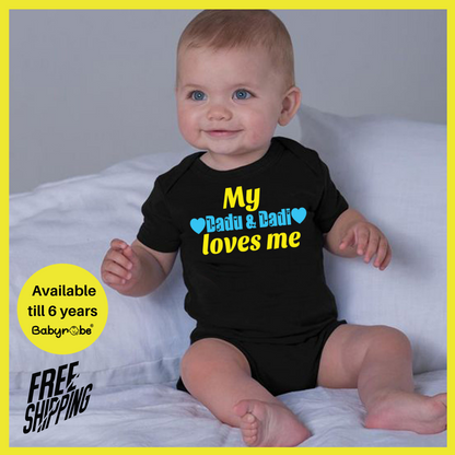 "Personalized baby onesie with colorful My Dadu Dadi Loves Me design."