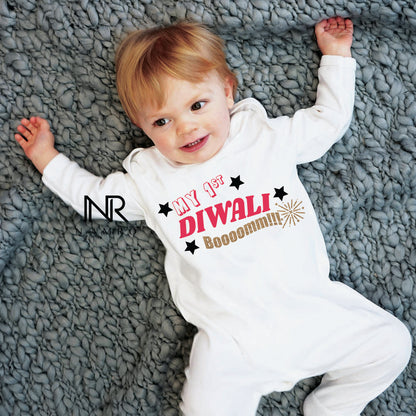 "Personalized baby jumpsuit  for  First Diwali with custom name."
