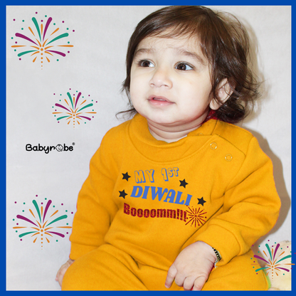 "Custom name First Diwali woolen jumpsuit for your little one."
