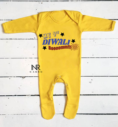 "Cute custom name baby jumpsuit for first Diwali."