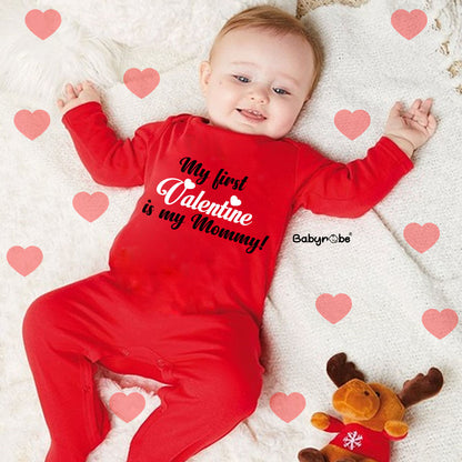 "Celebrate First Valentine with a personalized baby organic jumpsuit."