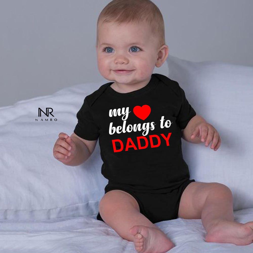 "Celebrate My Heart Belongs To Daddy with a personalized baby onesie."