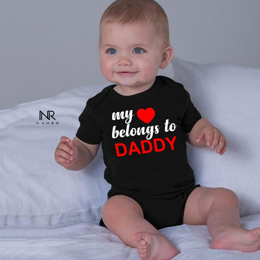 "Celebrate My Heart Belongs To Daddy with a personalized baby onesie."