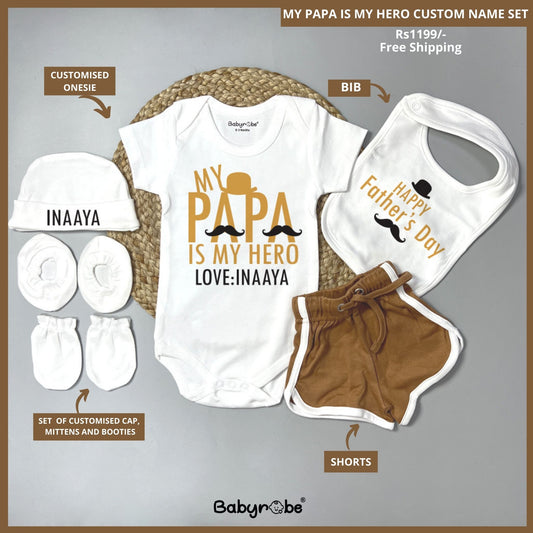"Personalized onesie & Shorts , Bib , cap Set  for baby, perfect for Father's Day."
