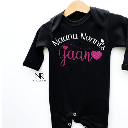 "Custom name Naanu Naani's Jaan jumpsuit for your little one."
