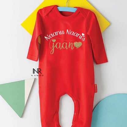 "Personalized baby jumpsuit with custom name and playful design."