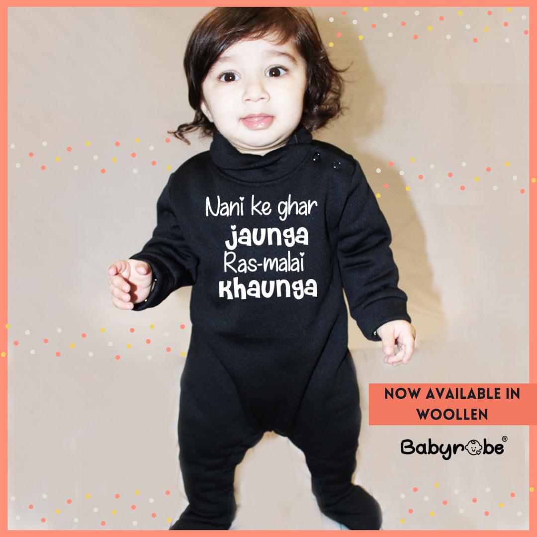 "Soft, cozy jumpsuit customized with your baby’s name or special Nani Ke Ghar Jaunga."
