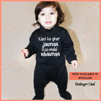 "Soft, cozy jumpsuit customized with your baby’s name or special Nani Ke Ghar Jaunga."