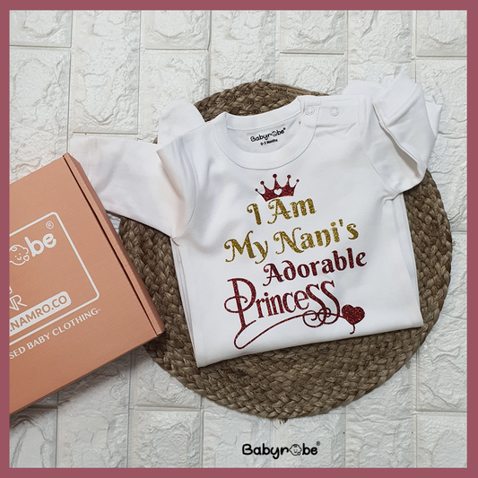 "Baby jumpsuit with custom name and Nani's Princessl design."

